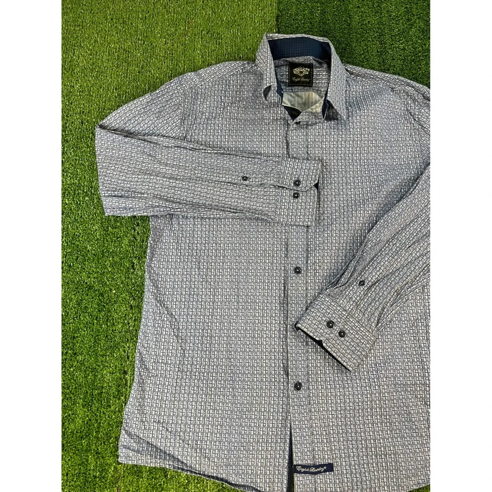 English Laundry Men Blue White Geometric Square Print Cotton Button Down Shirt L